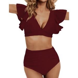 Soucrat Women Ruffle High Waisted Swimsuit 2 Piece Wine Red Medium Bikini Sexy